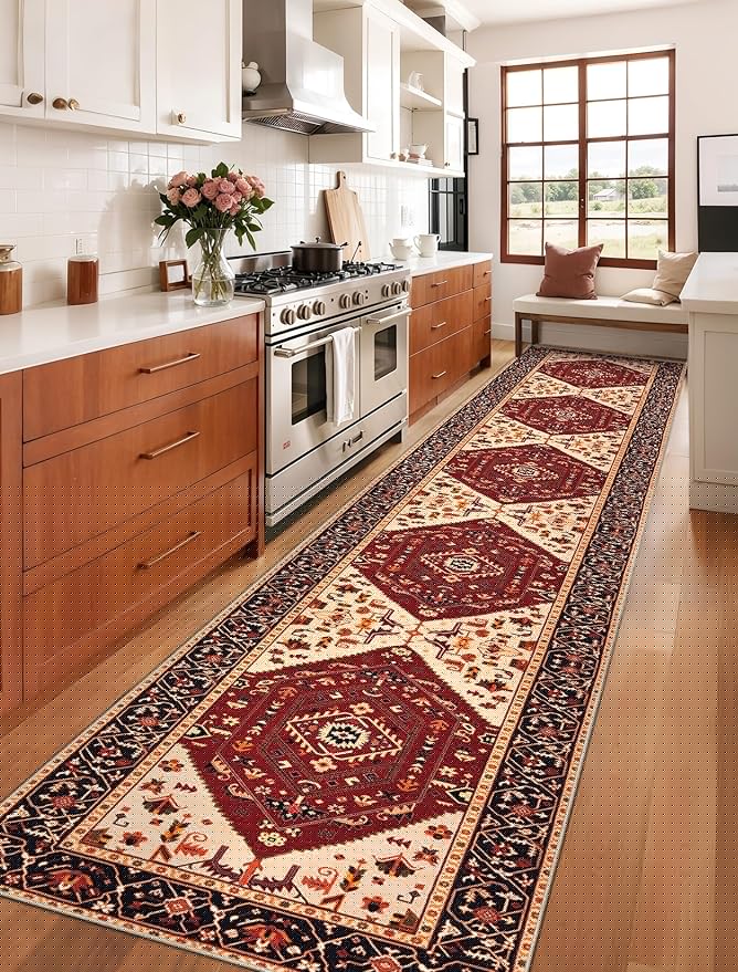 SERISSA Runner Rug for Hallways, 2'6"x14' Washable Non Slip Runner Rug, Extra Long Boho Rug Ultra Soft Vintage Red Black Print Floor Carpet for Bedroom Hallway Entryway Bathroom Laundry Room