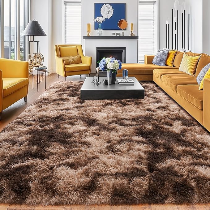 Rugs for Living Room 6x9, Soft Shaggy Modern Shag Area Rug for Bedroom, Upgrade Non-Slip Plush Fluffy Carpet for Kids Boys Girls Room Home Decor Aesthetic, Tie-Dyed Brown