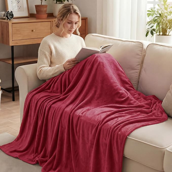Exclusivo Mezcla Fleece Deep Red Throw Blanket for Couch, Sofa, Super Soft and Warm Blankets, All Season, Cozy, Plush, Lightweight, 50x60 Inches