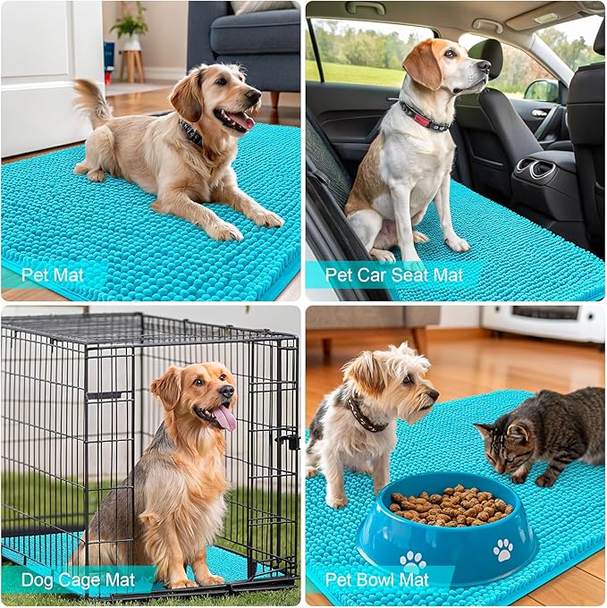 OLANLY Dog Door Mat for Muddy Paws 45x27, Absorbs Moisture and Dirt, Absorbent Non-Slip Washable Doormat, Quick Dry Chenille Mud Mat for Dogs, Entry Indoor Entryway Carpet for Inside Floor, Aqua Blue