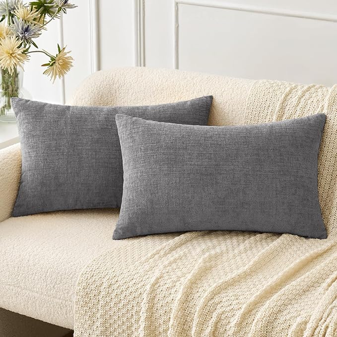 MIULEE Pack of 2 Couch Throw Pillow Covers 12x20 Inch Soft Dark Gray Chenille Lumbar Pillow Covers for Sofa Living Room Solid Dyed Cases