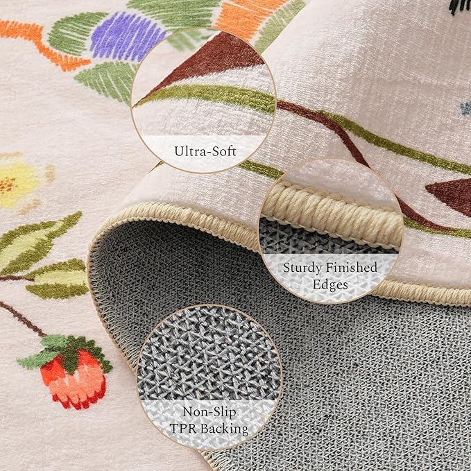 Rugflix 5x7 Washable Area Rug for Living Room, Soft Non Slip Low Pile Carpet, Floral Vintage Stain Resistant Rugs for Bedroom, Dining Room, Home Office, Beige