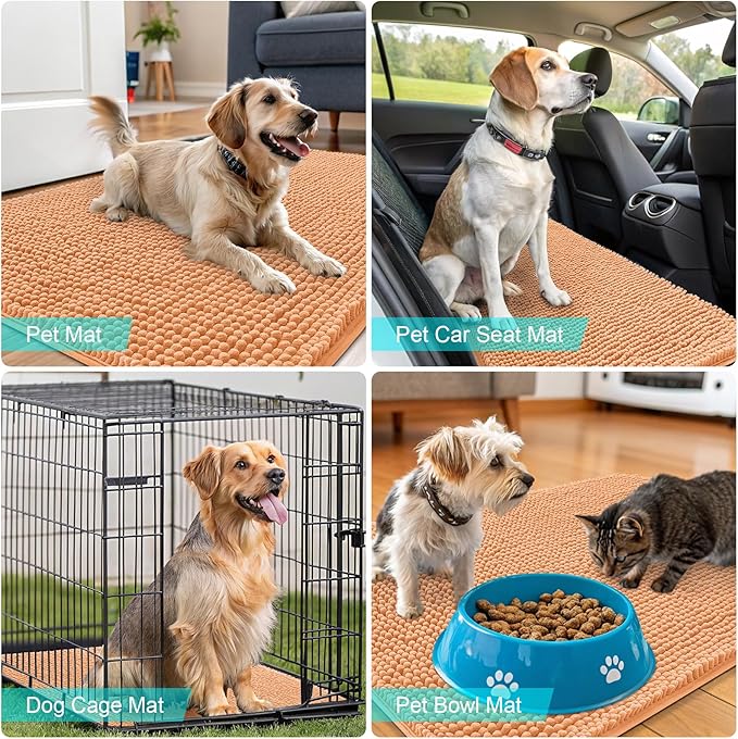 OLANLY Dog Door Mat for Muddy Paws 47x20, Absorbs Moisture and Dirt, Absorbent Non-Slip Washable Doormat, Quick Dry Chenille Mud Mat for Dogs, Entry Indoor Entryway Carpet for Inside Floor, Orange
