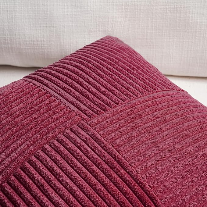 Fancy Homi 2 Packs Burgundy Lumbar Decorative Throw Pillow Covers 12x20 Inch for Living Room Couch Bed, Christmas Boho Home Decor, Soft Striped Corduroy Rectangle Accent Cushion Case 30x50 cm