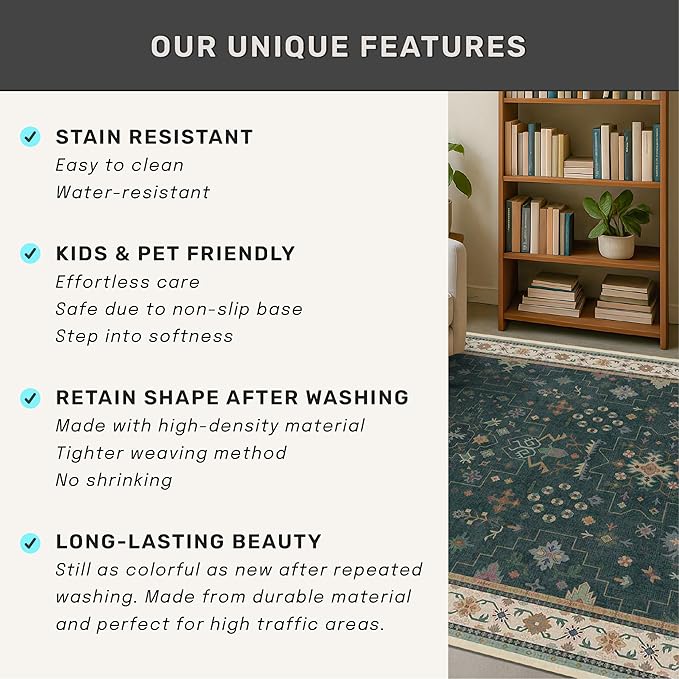 Hazo Haus Dark Green Oushak Living Room Rug 10x14 - Modern Vintage Boho Eclectic Floral Pastel, Washable Low Pile Non-Slip Extra Large Area Rugs for Dining Under Table Bedroom Lounge