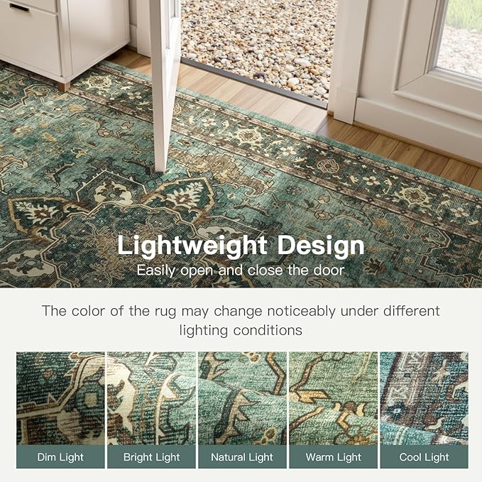 Lofus 5x7 Area Rugs for Living Room, Washable Area Rug, Rugs for Bedroom, Kitchen, Vintage Boho Carpet, Soft Non-Slip, Low Pile Large Area Rug for Office Dining Room, Green