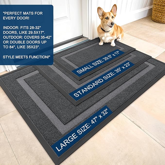 OLANLY Front Door Mat Indoor Outdoor Entrance, Waterproof All-Season, All-Weather Doormat, Sturdy Natural Rubber, Fade Resistant, Low Profile, Easy Clean Patio Porch Entryway Mat, 47x32, Grey