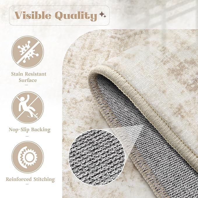 Runner Rug 2x6 Washable Rug, Vintage Boho Medallion Hallway Runner Non-Slip Soft Low Pile Distressed Floor Carpet Retro Doormat for Kitchen Bedroom Laundry Entryway Bathroom (Beige, 2'x6')