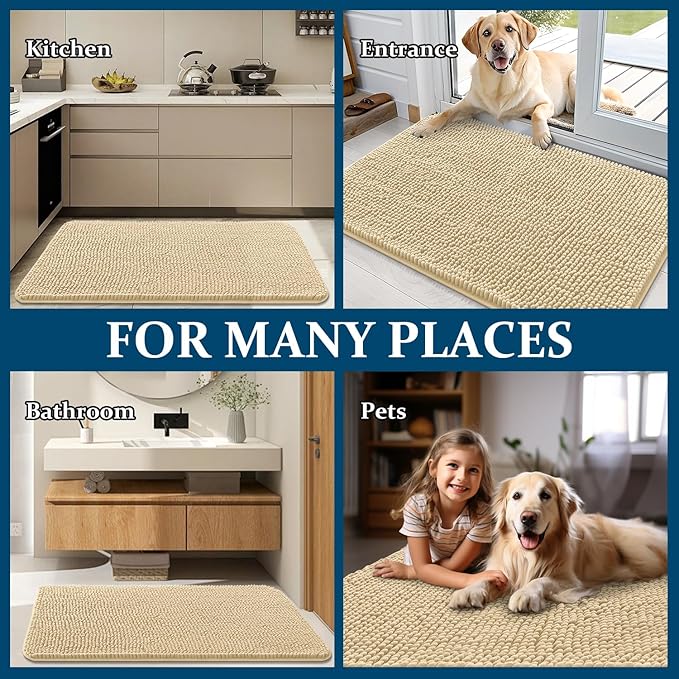OLANLY Dog Door Mat for Muddy Paws 54x24, Absorbs Moisture and Dirt, Absorbent Non-Slip Washable Doormat, Quick Dry Chenille Mud Mat for Dogs, Entry Indoor Entryway Carpet for Inside Floor, Sand