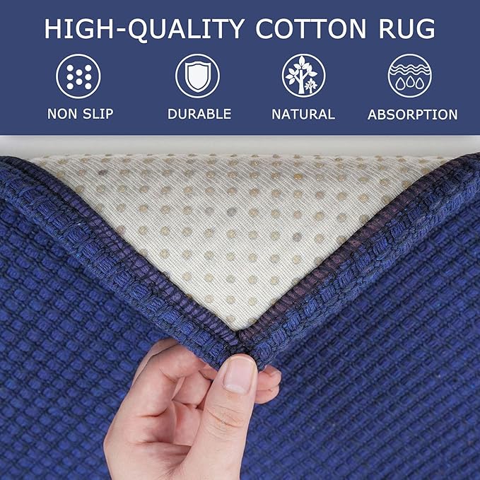 KOZYFLY Rugs for Entryway 3x5 ft Washable Area Rug Non Slip Rubber Backed Entry Rug Woven Indoor Door Mat Cotton Kitchen Rugs Floor Carpet for Entryway, Foyer, Backdoor, Royal Blue/Navy