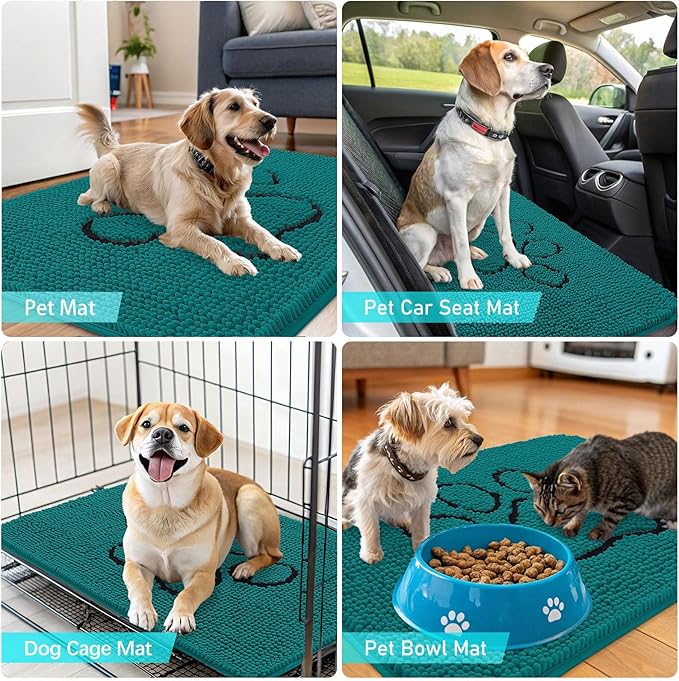 OLANLY Dog Door Mat for Muddy Paws 48x30, Paw Print Design, Absorbs Moisture and Dirt, Absorbent Non-Slip Washable Doormat, Quick Dry Chenille Mud Mat for Dogs, Entry Indoor Entryway Carpet, Lake Blue