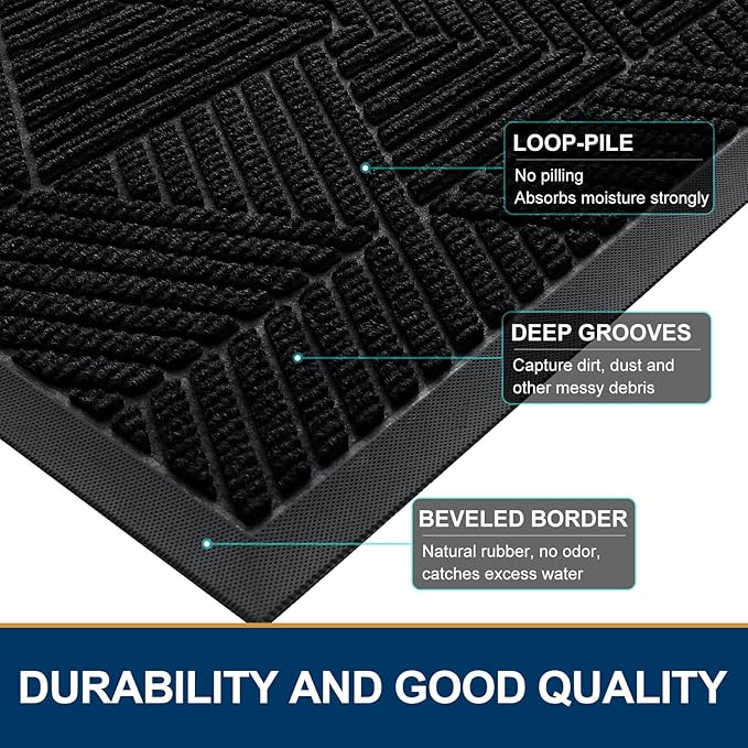 Smiry Front Door Mat Outside Entrance, Heavy Duty Sturdy Natural Rubber Doormat, Trap Dirt and Moisture, Easy Clean Low Profile Welcome Floor Mats for Indoor Outdoor Entry, 35x23 Inch, Black