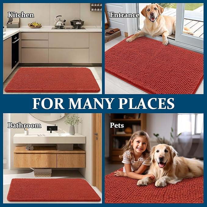 OLANLY Dog Door Mat for Muddy Paws 70x35, Absorbs Moisture and Dirt, Absorbent Non-Slip Washable Doormat, Quick Dry Chenille Mud Mat for Dogs, Entry Indoor Entryway Carpet for Inside Floor, Maple Red