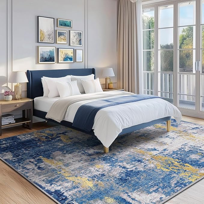 Washable Area Rugs 5'x7' Non-Slip Modern Abstract Soft for Living Room Entryway Bedroom Nursery, Print Pattern, Grey Blue Gold/Golden