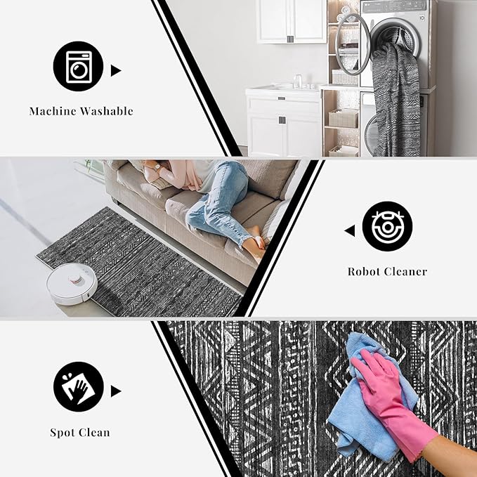 2x6 Washable Hallway Runner Rug - Moroccan Non-Slip Indoor Table Long Runners for Entryway Soft Low Pile Neutral Rugs for Kitchen Waterproof Geometric Carpet for Bedroom Bathroom Laundry 2x6 Black