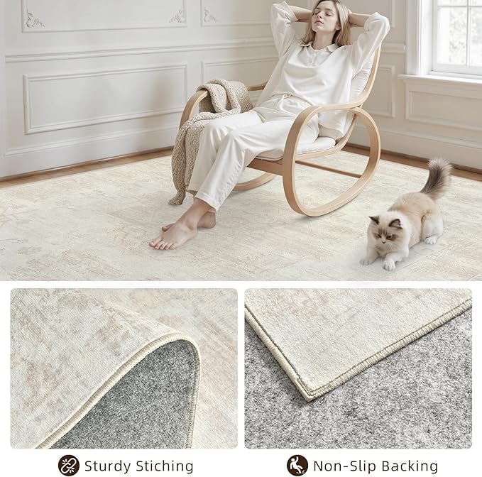 5x7 Area Rugs for Living Room: Vintage Boho Neutral Washable Rug Indoor Soft Large Area Rug Carpet for Bedroom Nursery Farmhouse Dining Room Office Floor Non-Slip Low Pile Under Table Rug Cream Beige