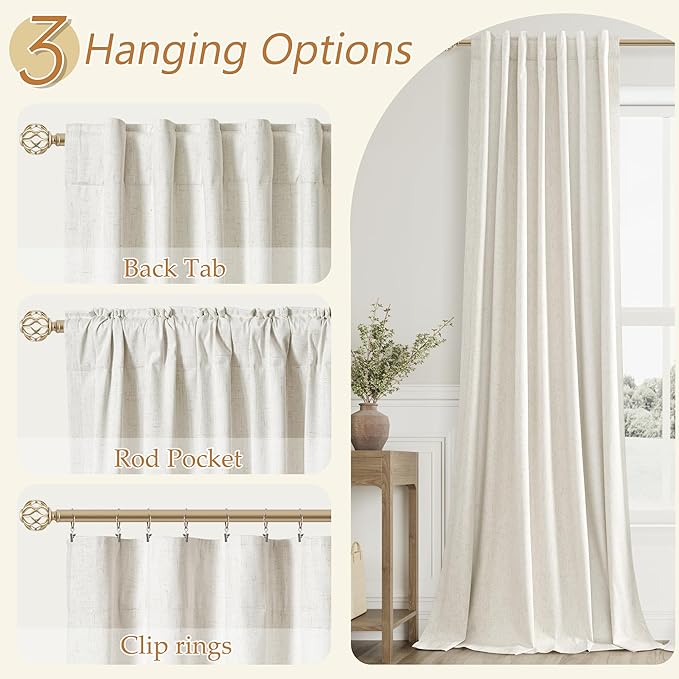 Cream 100% Blackout Linen Curtains 100 Inch Length 2 Panels Set for Living Room Bedroom Back Tab Thermal Insulated Black Out Drapes Room Darkening Farmhouse Style for Bedroom Window Curtains 52x100