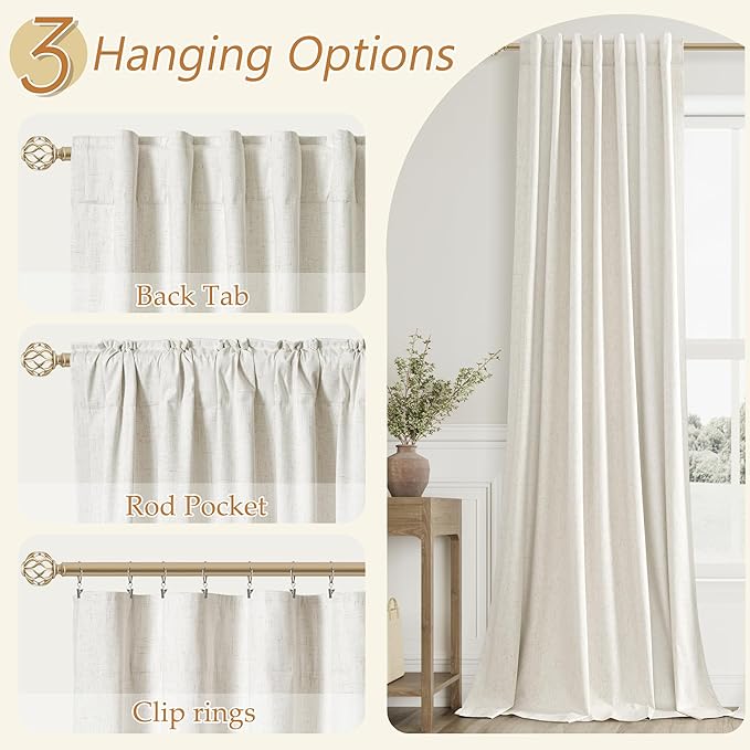 Guken Cream 100% Blackout Linen Curtains 72 Inch Length 2 Panels Set for Living Room Bedroom Back Tab Thermal Insulated Black Out Drapes Room Darkening Farmhosue Window Curtains,52x72