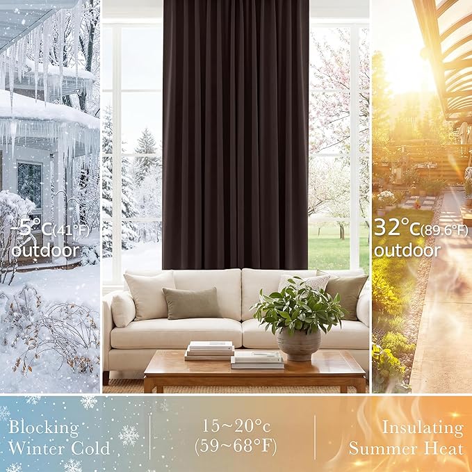 PONY DANCE Blackout Curtains Short - Kitchen Window Draperies Energy Efficient Thermal Insulated Back Tab/Rod Pocket Curtain Panels/Window Treatments for Bathroom, 42 W x 30 L, Brown, 2 Pieces