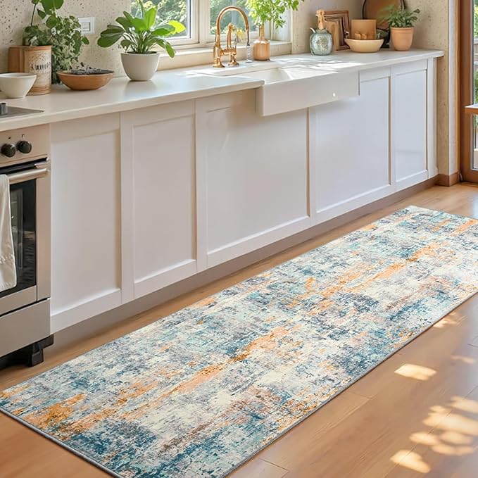 2x6 Rug Runners for Hallways Kitchen Runner Rug Non Slip Washable Blue Long Runner Rugs with Rubber Backing Soft Abstract Carpet Runner for Hallways, Kitchen, Bedroom, Bathroom, Entryway