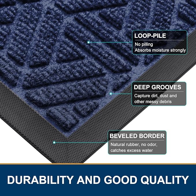 Smiry Front Door Mat Outside Entrance, Heavy Duty Sturdy Natural Rubber Doormat, Trap Dirt and Moisture, Easy Clean Low Profile Mats for Indoor Outdoor Entry, Grid Geometric (47x32, Navy Blue)