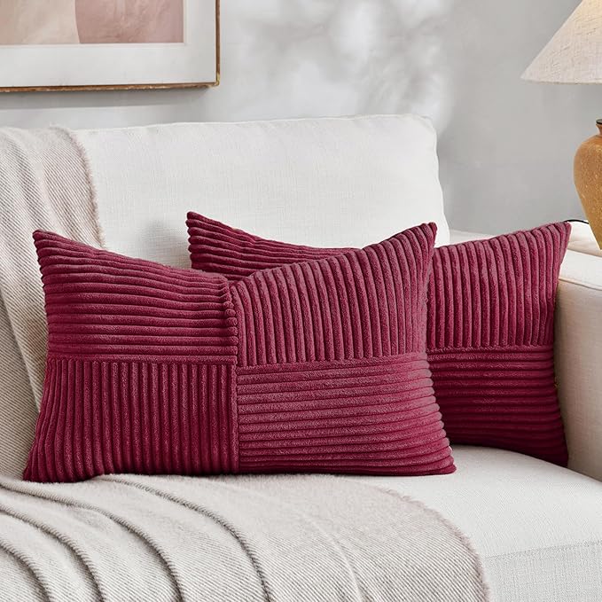 Fancy Homi 2 Packs Burgundy Lumbar Decorative Throw Pillow Covers 16x26 Inch for Couch Bed Sofa, Rustic Farmhouse Boho Spring Home Decor, Soft Striped Corduroy Rectangle Accent Cushion Case