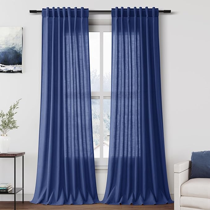 Nanspring Classic Blue Linen Curtains 102 Inches Long Rod Pocket Back Tab Drapes 2 Panels Set for Living Room Bedroom Light Filtering Semi Sheer Classic Blue Curtain 102 Length for Patio Door 52x102