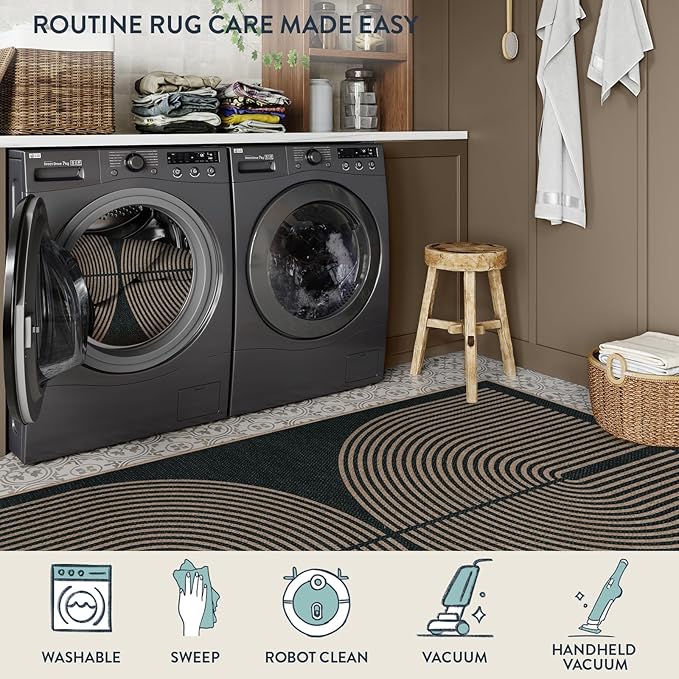 Lahome Enfys Rainbow Easy Jute Outdoor Carpet, Washable Rugs 9x12 for Living Room Patio Large Farmhouse Indoor Outdoor Carpet, Contemporary Black Dining Room Rugs for Under Table Office Backyard
