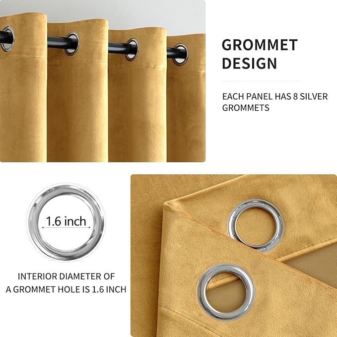 MIULEE Velvet Curtains Golden Elegant Grommet Thermal Insulated Soundproof Room Darkening Curtains/Drapes for Classical Living Room Bedroom Decor 52 x 90 Inch Set of 2