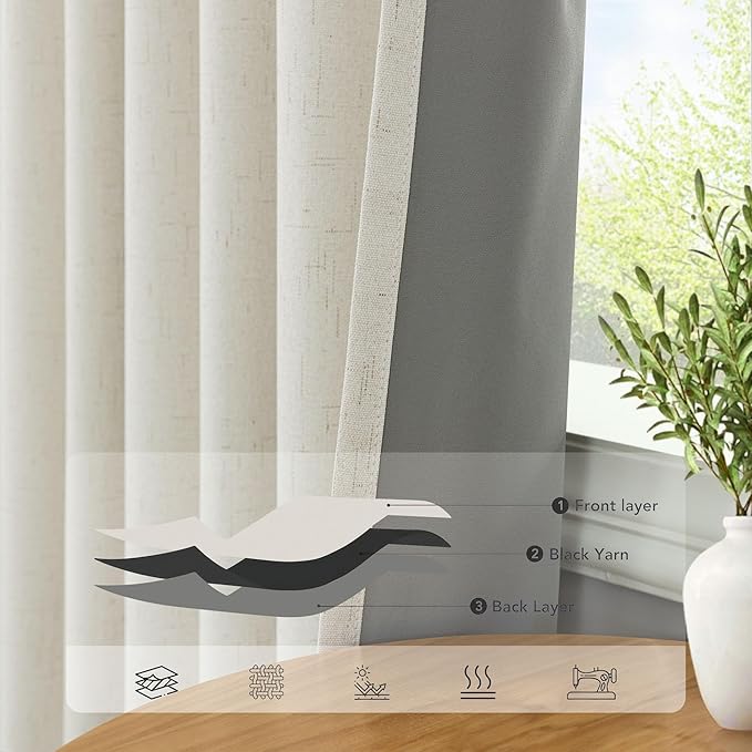 Blackout Window Curtains 2 Panel Set for Bedroom Boho Ivory Cream Linen Back Tab Thermal Keep Out Cold Weather Light Blocking Block Out Room Darkening Living Room Curtain 42 x 84 Inches Long Off White