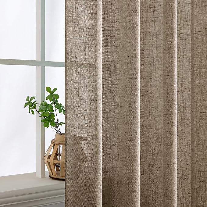 MIULEE Taupe Grey Linen Curtains 63 Inch Length 2 Panels for Bedroom Living Room, Soft Linen Textured Window Drapes Semi Sheer Light Filtering Back Tab Rod Pocket Farmhouse Modern Burlap Look Decor