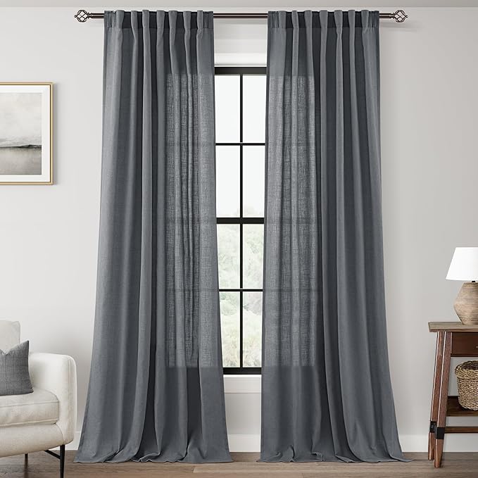 Dark Gray Curtains for Living Room Back Tab Modern Farmhouse Semi Sheer Gray Curtains 84 inches Long 2 Panels Set Muted Neutral Window Curtain for Dining Room Bedroom 52x84