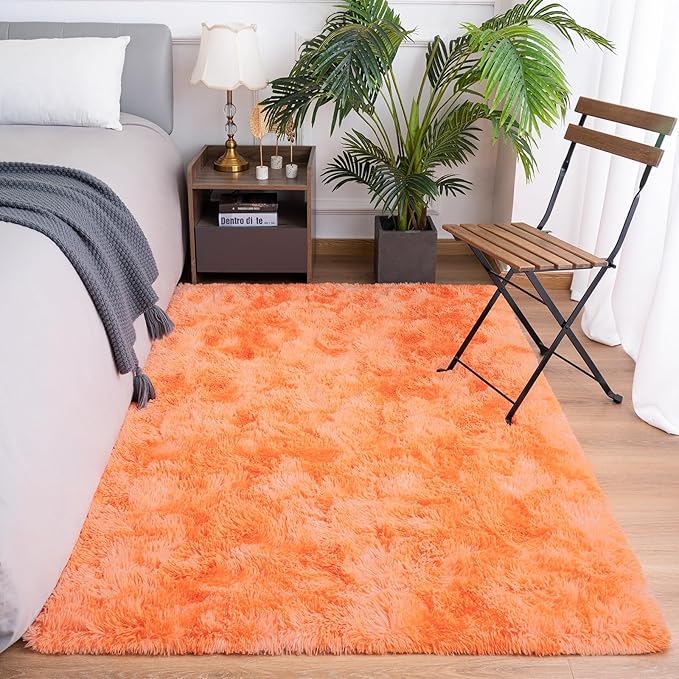 Goideal Fluffy Rug for Bedroom Living Room, 5x7 Orange Area Rugs, Faux Fur Shag Modern Carpet Ultra Soft Girls Boys Room Home Decor, Tie-Dyed