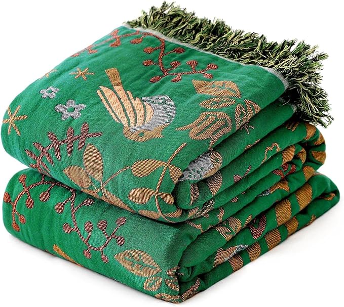 Green Fall Blanket 60''x 80'' Boho Throw Blankets for Couch Bed Chair,100% Cotton Quilts Christmas Warm Soft Blanket Muslin Bed Blankets Farmhouse Decoration