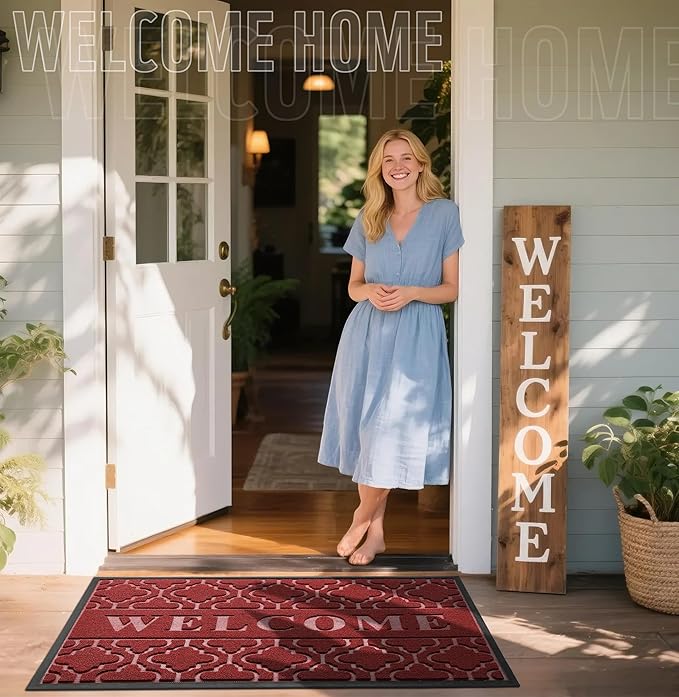 Yimobra Welcome Mat Outdoor Indoor, All-Season Waterproof Front Door Mat Outside Entrance, All-Weather Heavy Duty Non-Slip Doormat, Low Profile Porch Patio Entrance Mats, 47x32, Red
