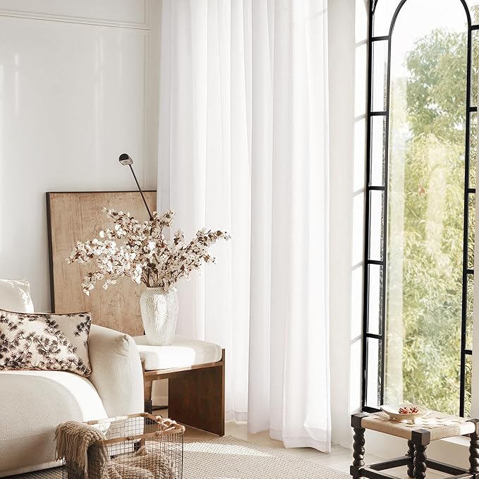 White Curtains 96 inches Long 2 Panels Back Tab Light Filtering Cotton Textured Curtain Modern Farmhouse Coastal Decor Off White Linen Drapes 96 inch Length for Patio Sliding Door Office 42x96