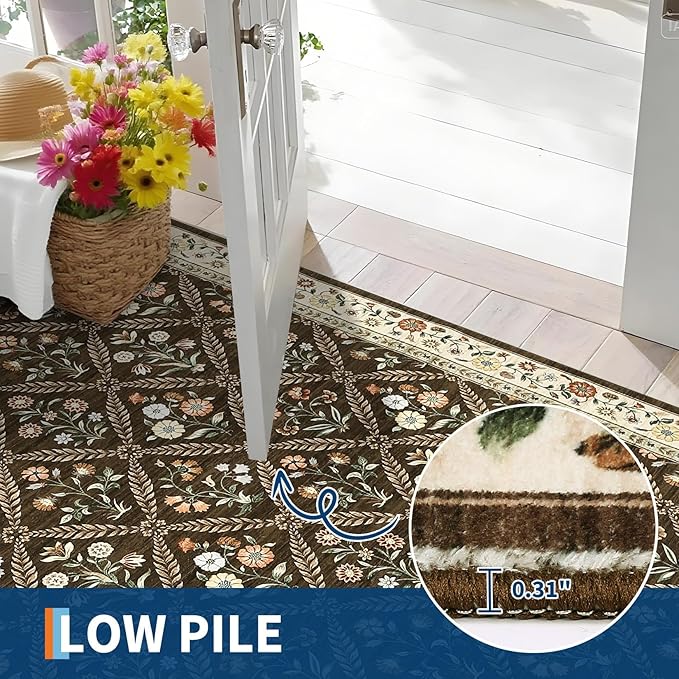 GarveeHome Living Room Rug 5x7 Rug Machine Washable Stain Resistant Area Rug Non Slip Floral Vintage Low Pile Rugs for Living Room, Bedroom, Farmhouse, Dining Room, Kids PlayroomBrown Natural
