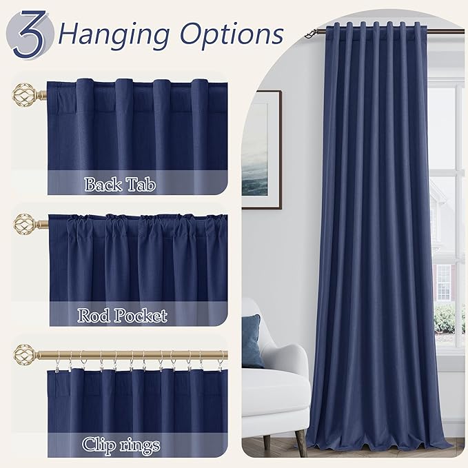 Guken 100% Blackout Curtains 96 Inch Length 2 Panels Set for Living Room Bedroom Back Tab Thermal Insulated Black Out Linen Drapes Room Darkening Window Curtains 96 Inches Long,Classic Blue