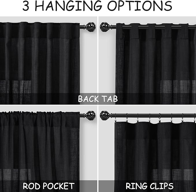 Nanspring Short Linen Curtains 36 Inch Length for Kitchen Windows Over Sink Black Privacy Panels Back Tab and Rod Pocket Neutral Curtains for Cafe/Basement 26 x 36 Inch,2 Panels