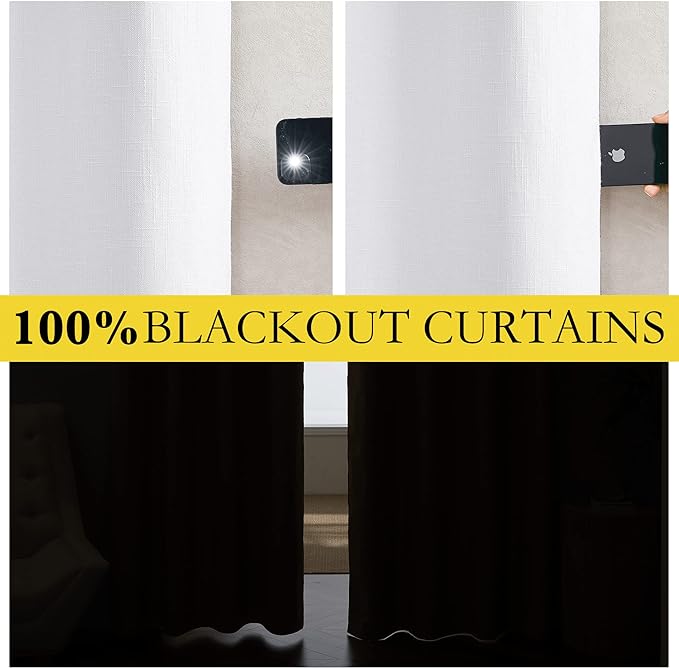 NICETOWN 100% Absolutely Blackout Linen Curtains with Thermal Insulated White Liner, White, 52 inches Wide, 48 inches Length Energy Saving Curtains for Cupboard 2 Panels Set, Vertical Blinds