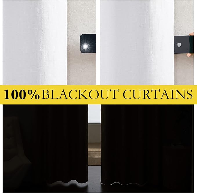 NICETOWN 100% Absolutely Blackout Linen Curtains with Thermal Insulated White Liner, White, 34 inches Wide, 70 inches Length Energy Saving Curtains for Living Room 2 Panels Set, Vertical Blinds