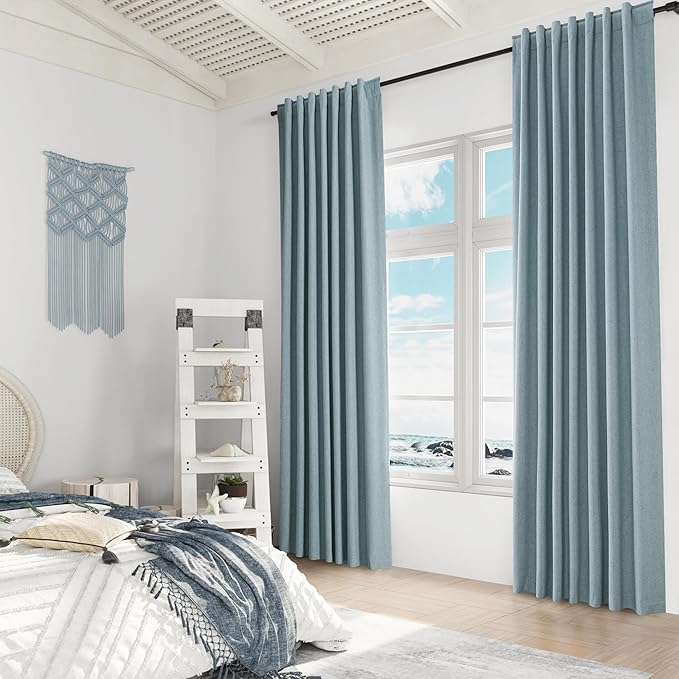 Guken Blue 100% Blackout Linen Curtains 108 Inch Length 2 Panels Set for Living Room Bedroom Back Tab Thermal Insulated Black Out Drapes Room Darkening Farmhouse Style for Bedroom Window Curtains