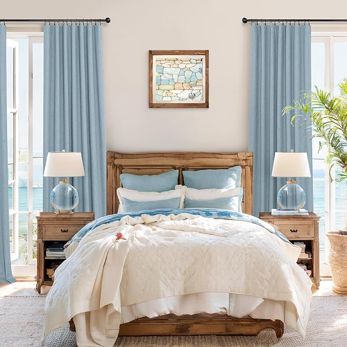 Light Blue Blackout Curtains 96 Inches Long for Living Room Country Rustic Faux Linen Black Out Thermal Insulated Darkening Curtain for Bedroom Patio Door 96 in Length 2 Panel Set Dusty Blue Grey Gray