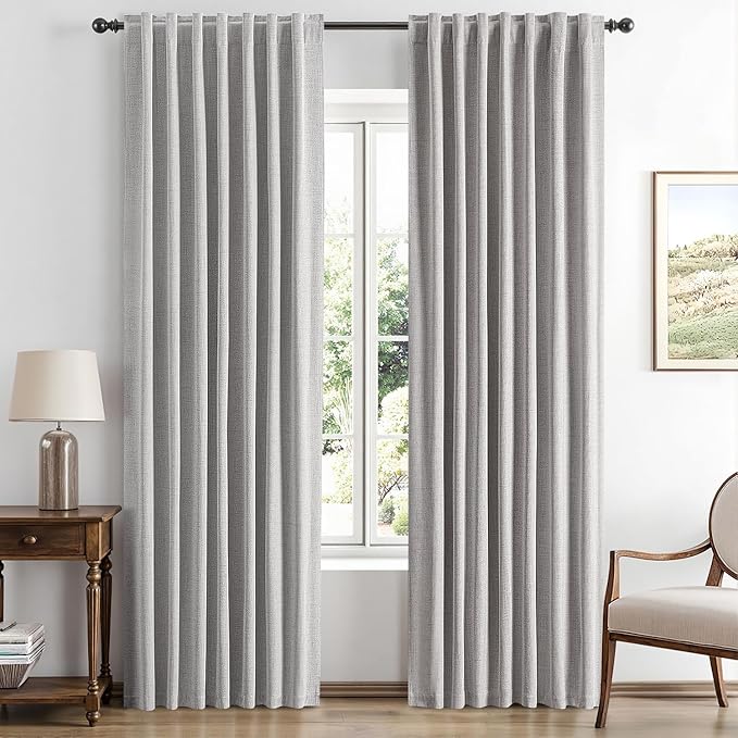MIULEE 100% Blackout Linen Curtains for Bedroom, Greyish White Solid Luxury Decor Thermal Insulation Room Darkening Drapes for Living Room Nursery Back Tab Rod Pocket 42 x 90 Inches, 2 Panels