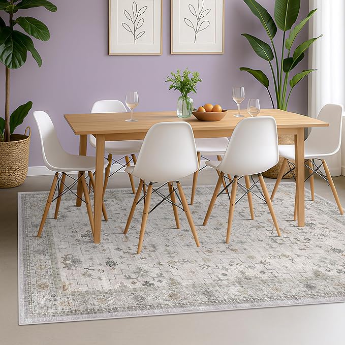 Hazo Haus Boho Light Grey Living Room Rug 6x8 - Modern Vintage Eclectic Floral Paste Neutral Taupe, Washable Low Pile Non-Slip Large Area Rugs for Dining Under Table, Bedroom