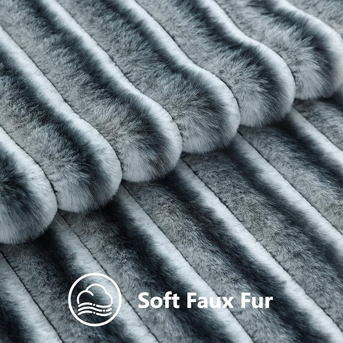 decorUhome Cozy Faux Fur Throw Pillow Covers 16x16 Set of 2 Decorative Soft Plush Striped Modern Farmhouse Boho Couch Pillow Cases with Velvet Back for Sofa Bed Living Room, Blue Grey