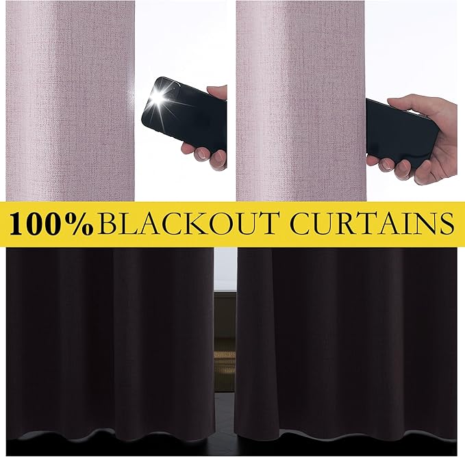 NICETOWN Pink Vintage Linen 100% Blackout Curtains for Living Room, Thermal Insulated Curtains 84" Long, Noise Reducing Window Treatment Drapes for Dining Room, 62" Wide Per Panel, Set of 2