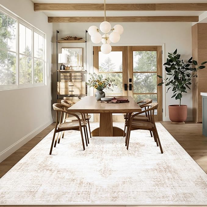 Area Rug 9x12 Vintage Rugs: Large Washable Living Room Rug Retro Medallion Distressed Soft Low Pile Non-Slip Rugs Indoor Floor Carpet for Bedroom Dining Table Office (Beige,9'x12')