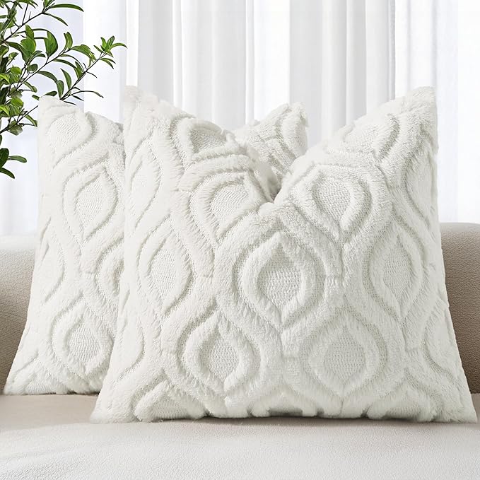 decorUhome Throw Pillow Covers 24x24 Inch Set of 2, Soft Plush Faux Wool Cream White Solid Couch Pillow Covers, Accent Euro Sham Farmhouse Neutral Square Pillow Cases for Sofa Bed Living Room