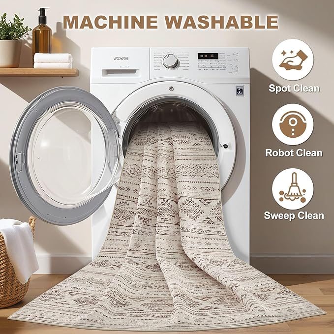 Nakagishi 6x9 Area Rugs Living Room: Washable Boho Large Neutral Soft Farmhouse Rug Stain Resistant Modern Indoor Floor Non-Slip Carpet for Bedroom Nursery Kids Office Dining Room Dorm- Dark Brown